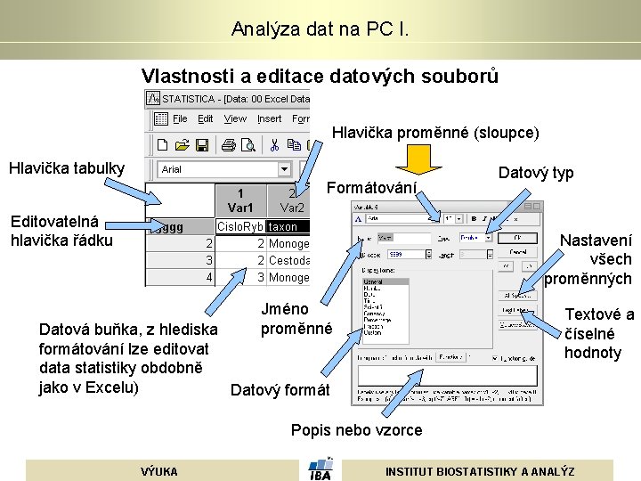 Analýza dat na PC I. Vlastnosti a editace datových souborů Hlavička proměnné (sloupce) Hlavička Analýza dat na PC I. Vlastnosti a editace datových souborů Hlavička proměnné (sloupce) Hlavička