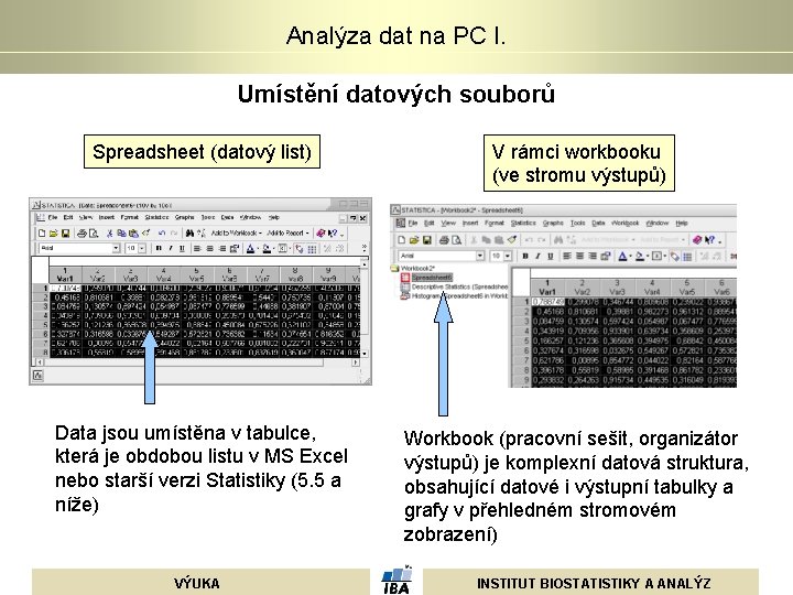 Analýza dat na PC I. Umístění datových souborů Spreadsheet (datový list) V rámci workbooku Analýza dat na PC I. Umístění datových souborů Spreadsheet (datový list) V rámci workbooku