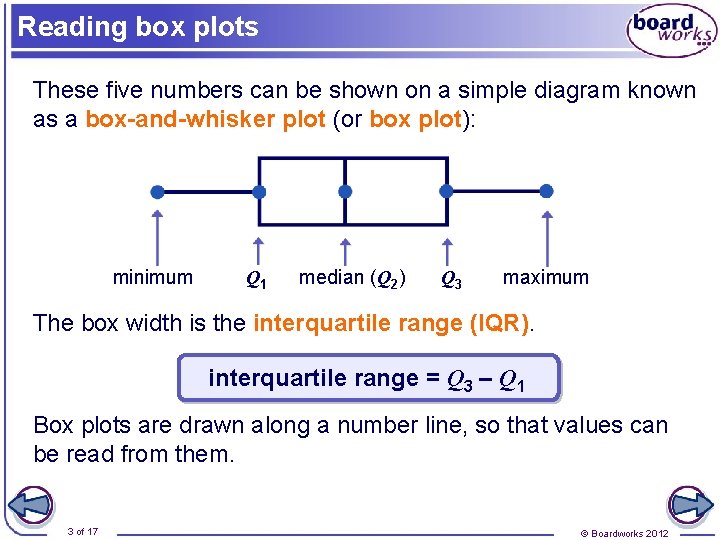 Reading box plots These five numbers can be shown on a simple diagram known