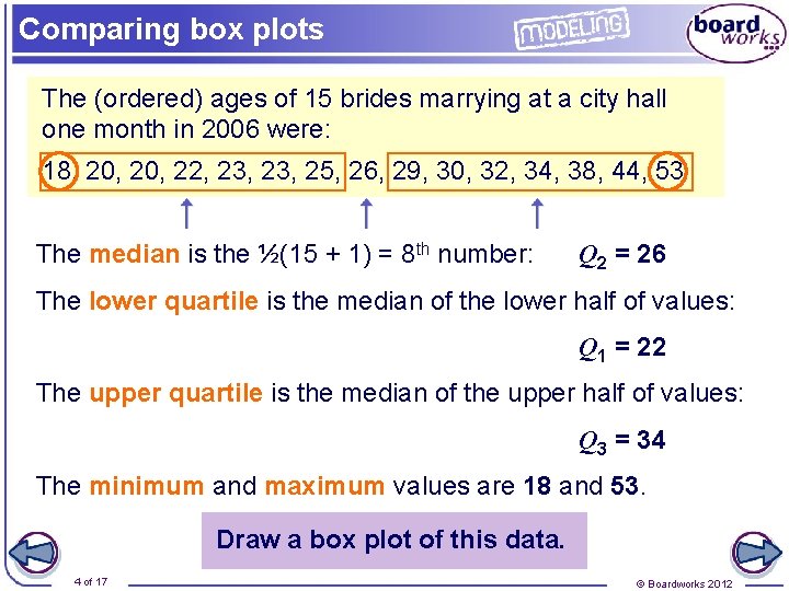 Comparing box plots The (ordered) ages of 15 brides marrying at a city hall