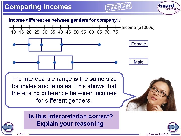 Comparing incomes Income differences between genders for company x The interquartile range is the