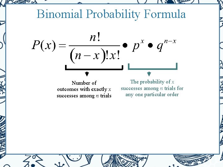 Binomial Probability Formula Number of outcomes with exactly x successes among n trials The