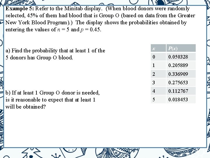 Example 5: Refer to the Minitab display. (When blood donors were randomly selected, 45%