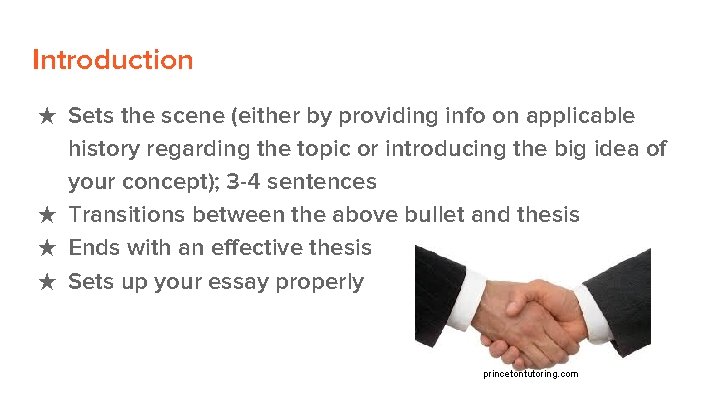 Introduction ★ Sets the scene (either by providing info on applicable history regarding the