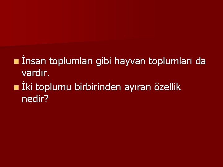 n İnsan toplumları gibi hayvan toplumları da vardır. n İki toplumu birbirinden ayıran özellik