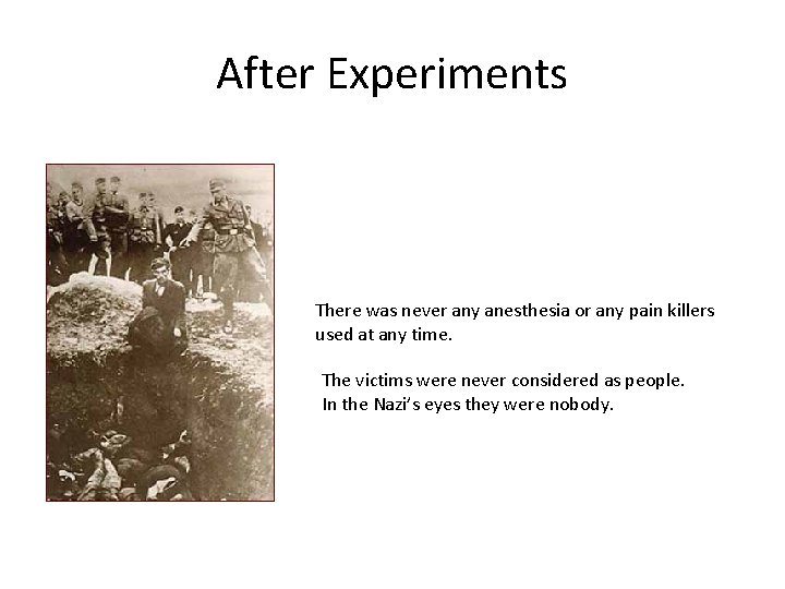 After Experiments There was never any anesthesia or any pain killers used at any