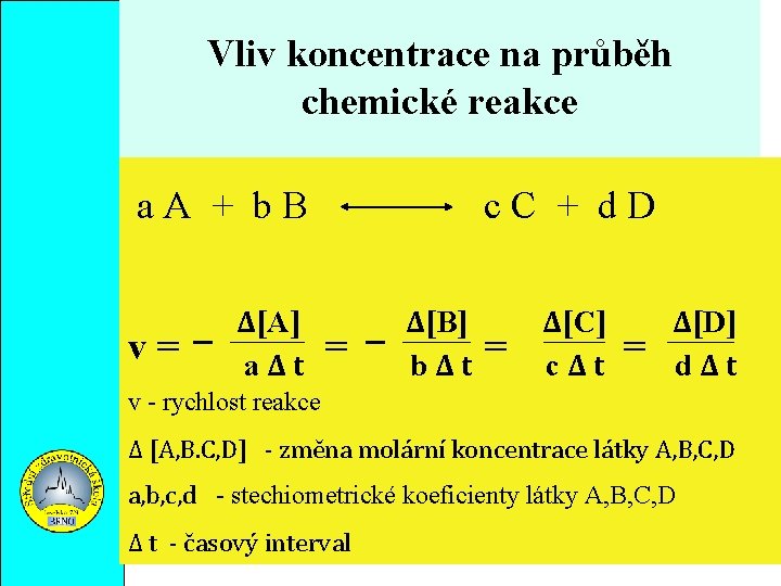 Vliv koncentrace na průběh chemické reakce a. A + b. B v= ∆[A] a∆t