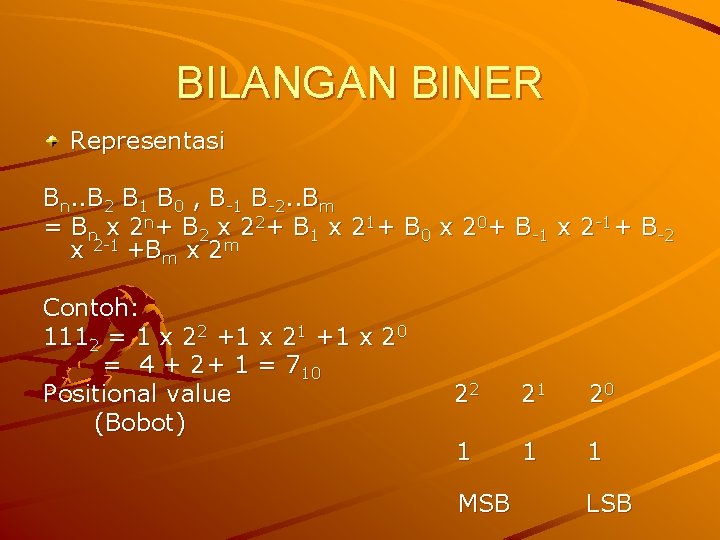 BILANGAN BINER Representasi Bn. . B 2 B 1 B 0 , B-1 B-2.