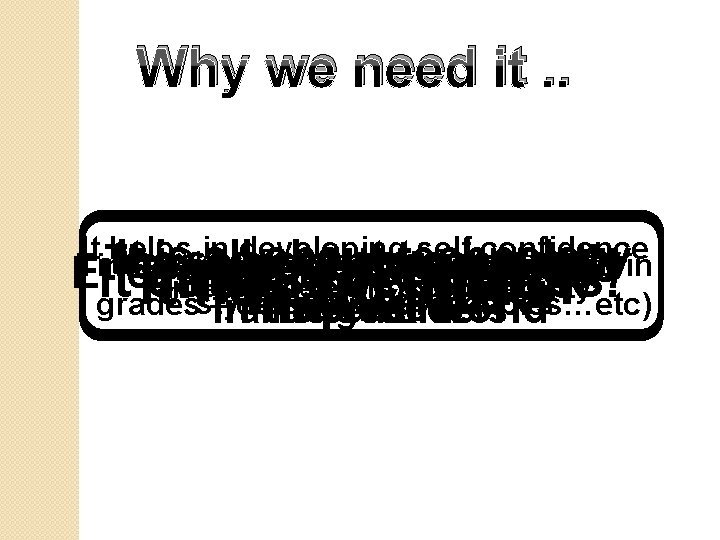 Why we need it. . It The helps in developing self confidence It provides