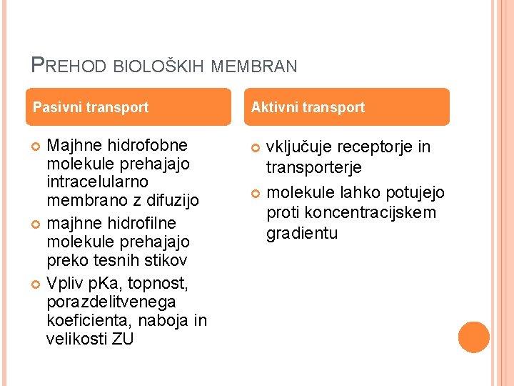 PREHOD BIOLOŠKIH MEMBRAN Pasivni transport Aktivni transport Majhne hidrofobne molekule prehajajo intracelularno membrano z