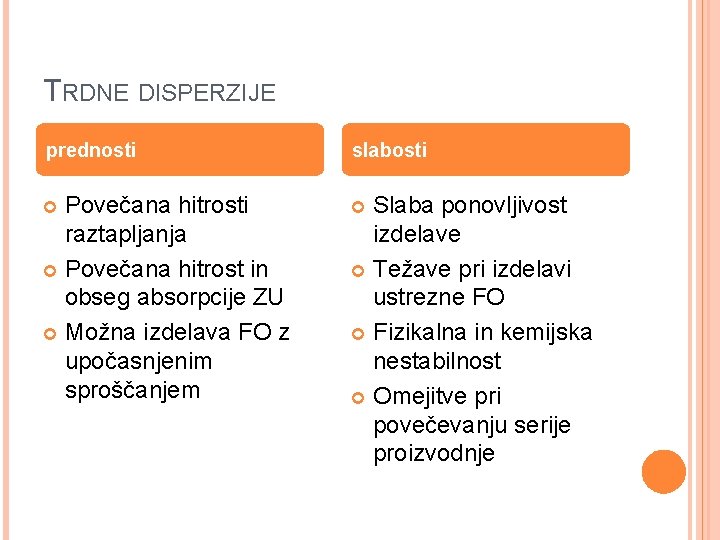 TRDNE DISPERZIJE prednosti slabosti Povečana hitrosti raztapljanja Povečana hitrost in obseg absorpcije ZU Možna