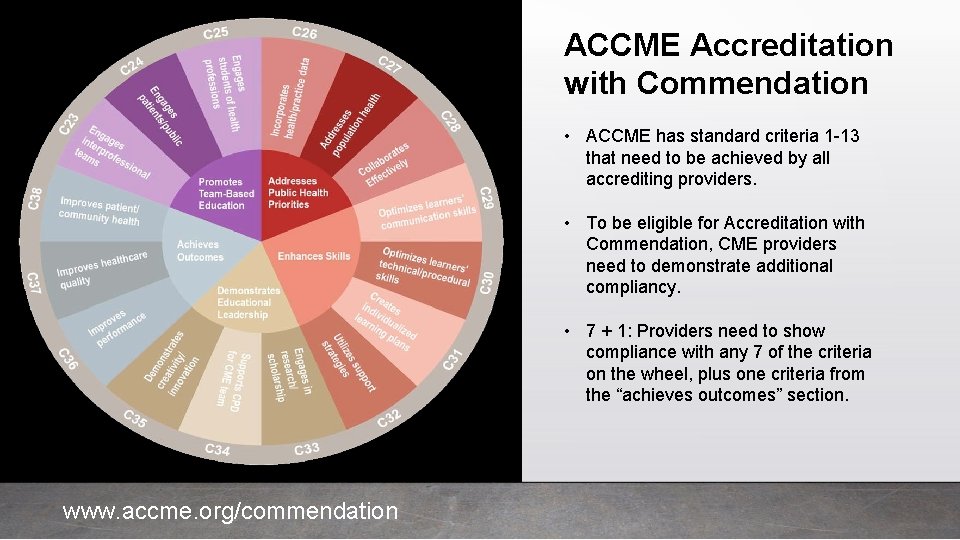 ACCME Accreditation with Commendation • ACCME has standard criteria 1 -13 that need to