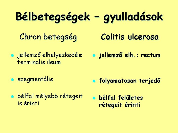 Bélbetegségek – gyulladások Chron betegség l l l jellemző elhelyezkedés: terminalis ileum Colitis ulcerosa