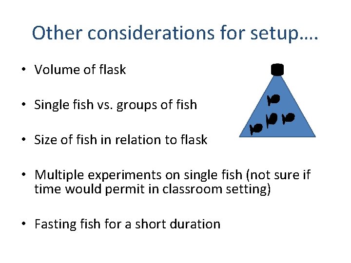 Other considerations for setup…. • Volume of flask • Single fish vs. groups of