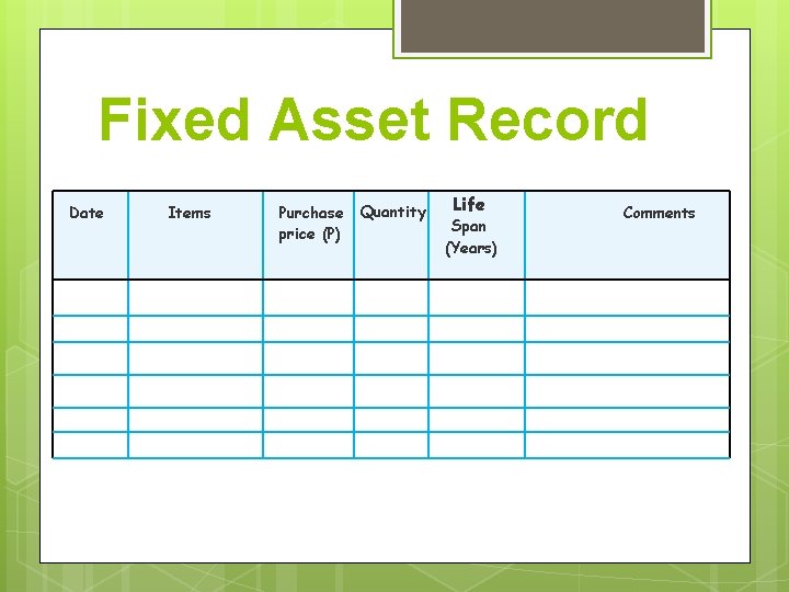 Fixed Asset Record Date Items Purchase price (P) Quantity Life Span (Years) Comments 