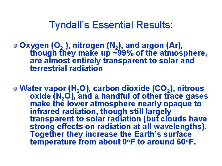 Tyndall’s Essential Results: Oxygen (O 2 ), nitrogen (N 2), and argon (Ar), though