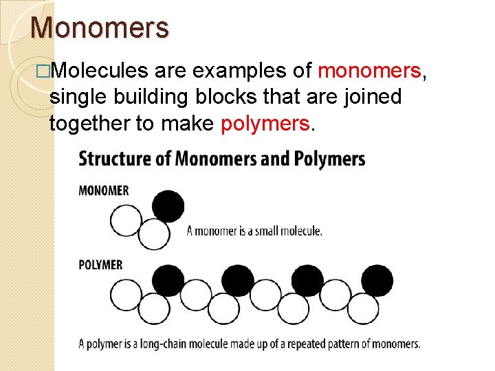 Monomers �Molecules are examples of monomers, single building blocks that are joined together to Monomers �Molecules are examples of monomers, single building blocks that are joined together to