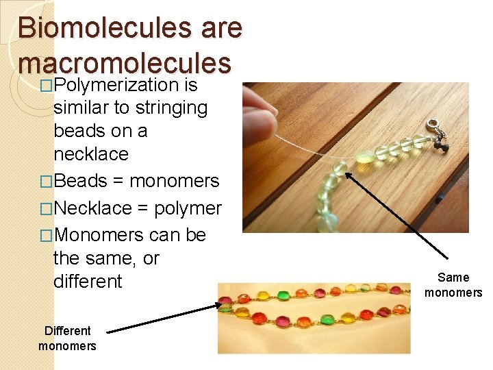 Biomolecules are macromolecules �Polymerization is similar to stringing beads on a necklace �Beads = Biomolecules are macromolecules �Polymerization is similar to stringing beads on a necklace �Beads =