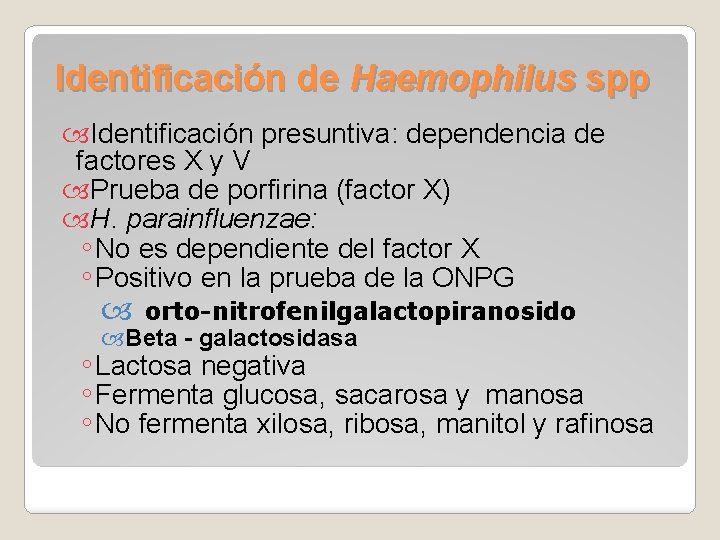 Identificación de Haemophilus spp Identificación presuntiva: dependencia de factores X y V Prueba de