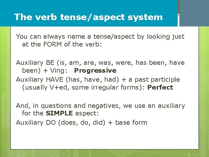 The verb tense/aspect system You can always name a tense/aspect by looking just at