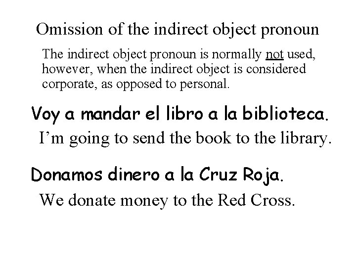 Omission of the indirect object pronoun The indirect object pronoun is normally not used,