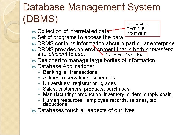 Database Management System (DBMS) Collection of meaningful information Collection of interrelated data Set of