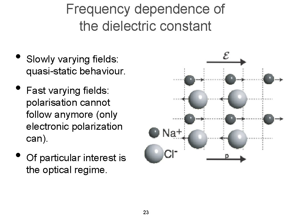 Frequency dependence of the dielectric constant • Slowly varying fields: quasi-static behaviour. • Fast