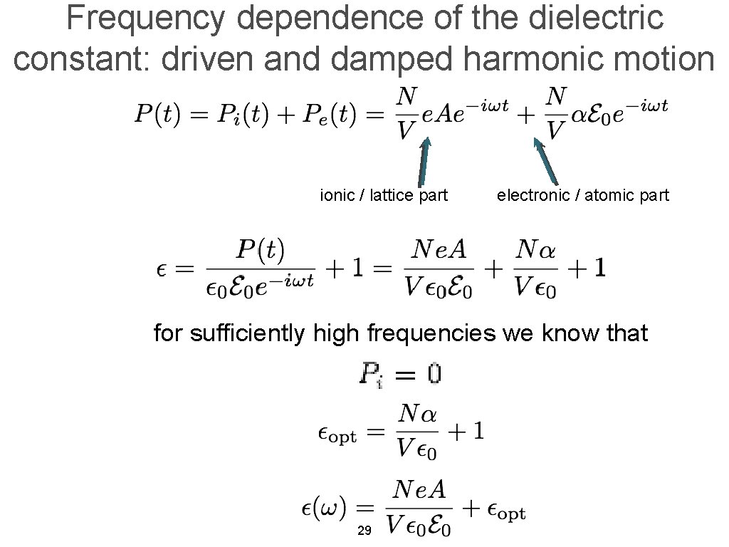 Frequency dependence of the dielectric constant: driven and damped harmonic motion ionic / lattice