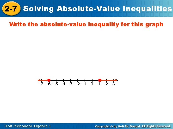 2 -7 Solving Absolute-Value Inequalities Write the absolute-value inequality for this graph – 7