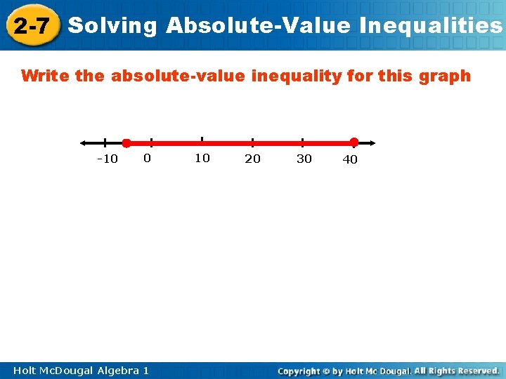2 -7 Solving Absolute-Value Inequalities Write the absolute-value inequality for this graph -10 0