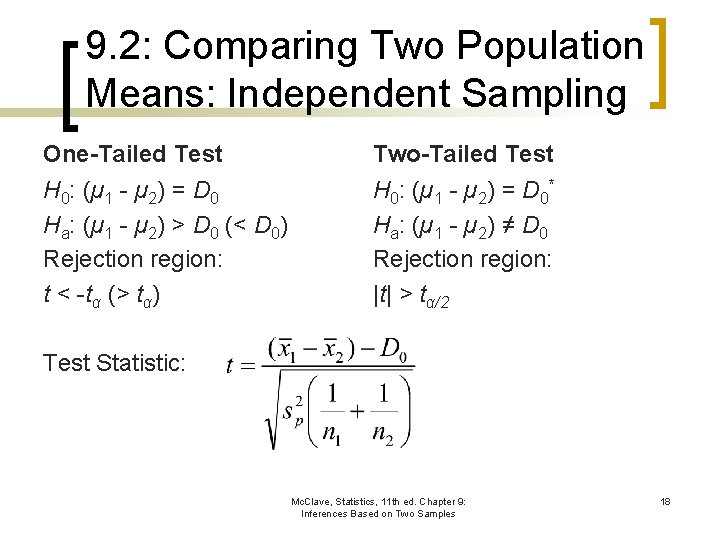 9. 2: Comparing Two Population Means: Independent Sampling One-Tailed Test Two-Tailed Test H 0: