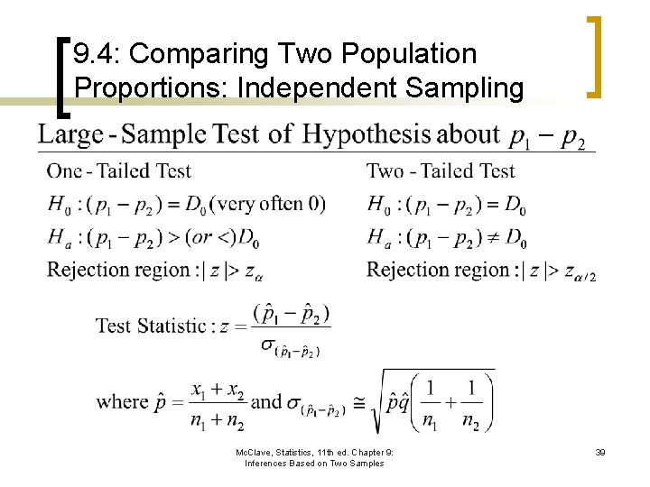 9. 4: Comparing Two Population Proportions: Independent Sampling Mc. Clave, Statistics, 11 th ed.