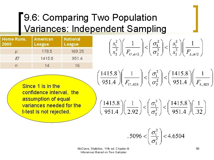 9. 6: Comparing Two Population Variances: Independent Sampling Home Runs, 2003 American League National