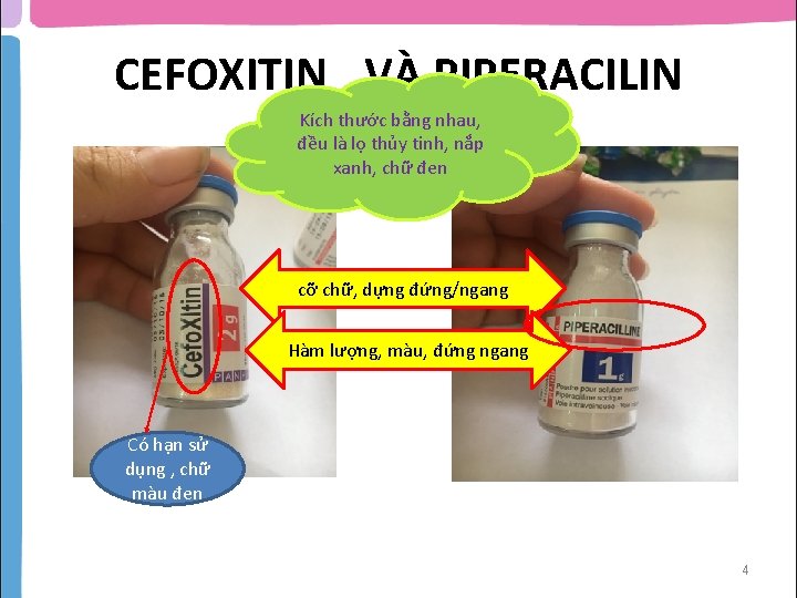 CEFOXITIN VÀ PIPERACILIN Kích thước bằng nhau, đều là lọ thủy tinh, nắp xanh,