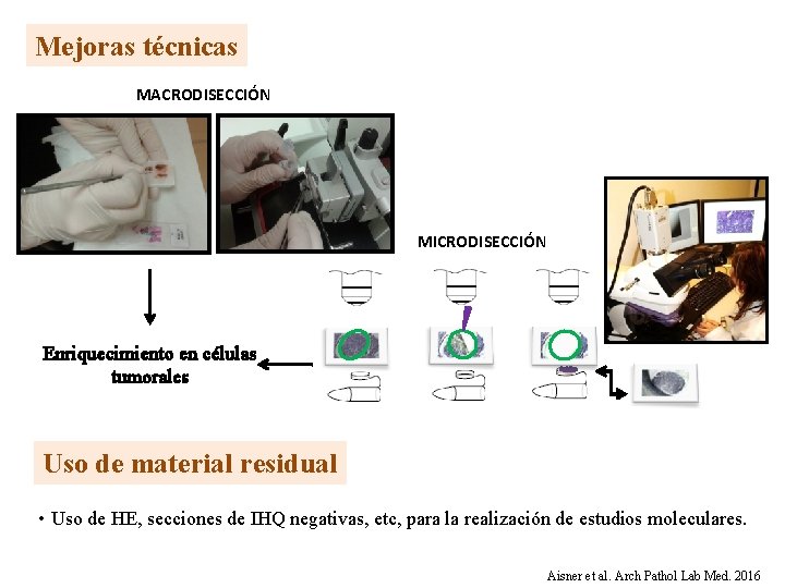 Mejoras técnicas MACRODISECCIÓN MICRODISECCIÓN Enriquecimiento en células tumorales Uso de material residual • Uso