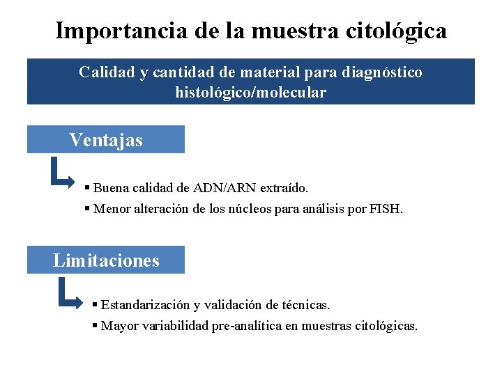 Importancia de la muestra citológica Calidad y cantidad de material para diagnóstico histológico/molecular Ventajas