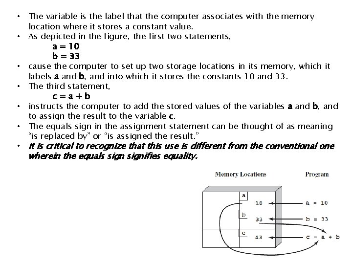  • The variable is the label that the computer associates with the memory