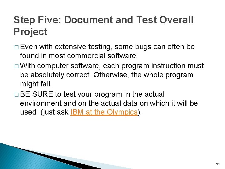 Step Five: Document and Test Overall Project � Even with extensive testing, some bugs