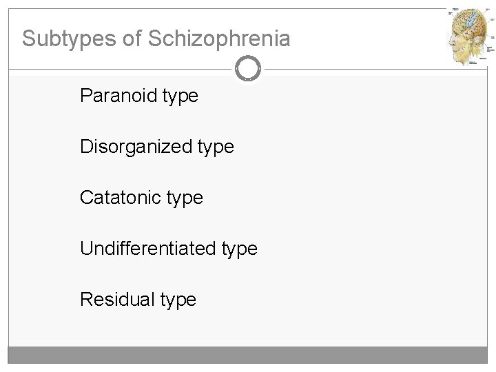 Subtypes of Schizophrenia Paranoid type Disorganized type Catatonic type Undifferentiated type Residual type 