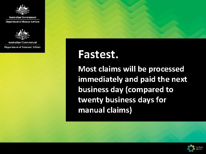 Fastest. Most claims will be processed immediately and paid the next business day (compared