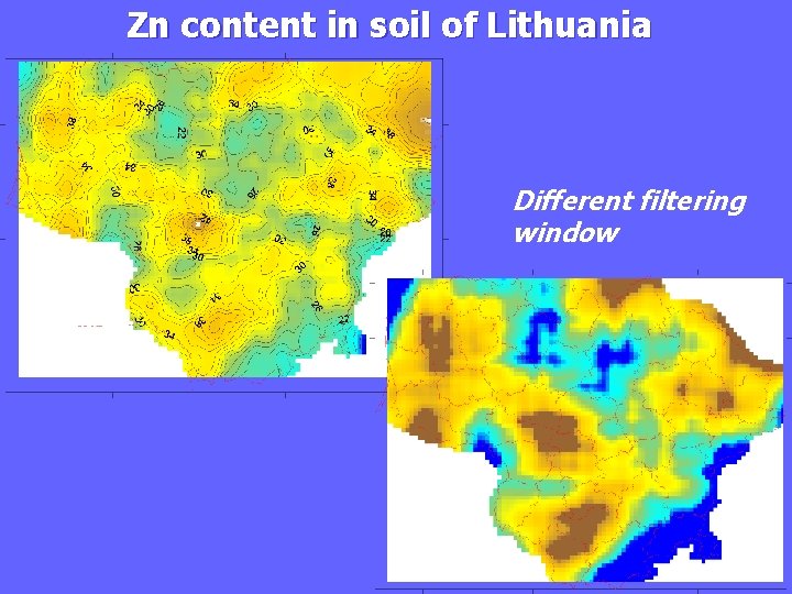 Zn content in soil of Lithuania Different filtering window 