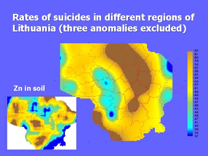 Rates of suicides in different regions of Lithuania (three anomalies excluded) Zn in soil