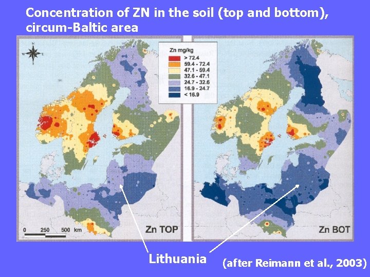 Concentration of ZN in the soil (top and bottom), circum-Baltic area Lithuania (after Reimann