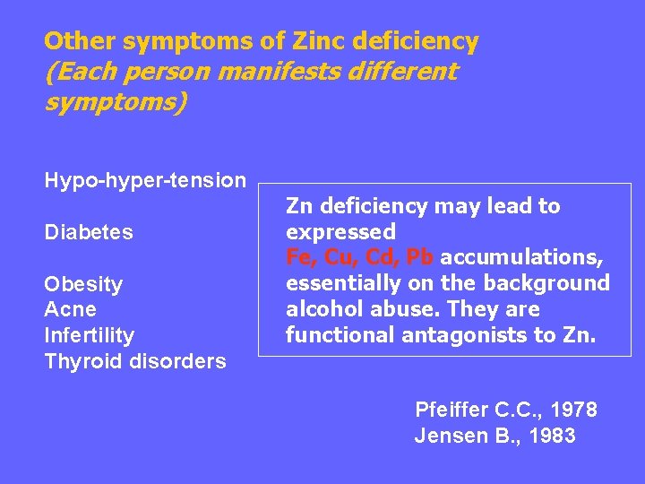 Other symptoms of Zinc deficiency (Each person manifests different symptoms) Hypo-hyper-tension Diabetes Obesity Acne