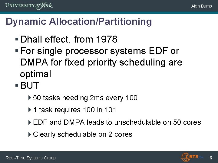 Alan Burns Dynamic Allocation/Partitioning § Dhall effect, from 1978 § For single processor systems