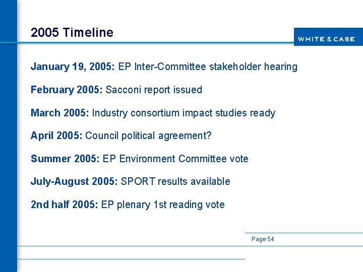 2005 Timeline January 19, 2005: EP Inter-Committee stakeholder hearing February 2005: Sacconi report issued