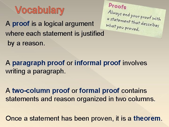 Vocabulary A proof is a logical argument where each statement is justified by a
