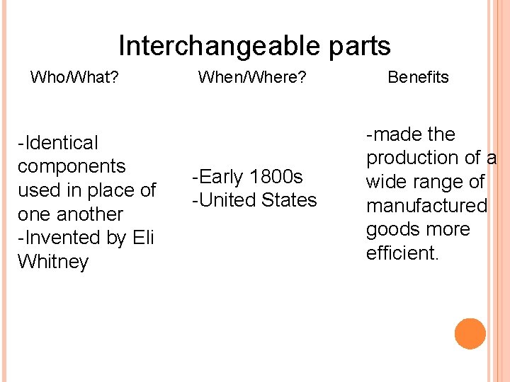 Interchangeable parts Who/What? -Identical components used in place of one another -Invented by Eli