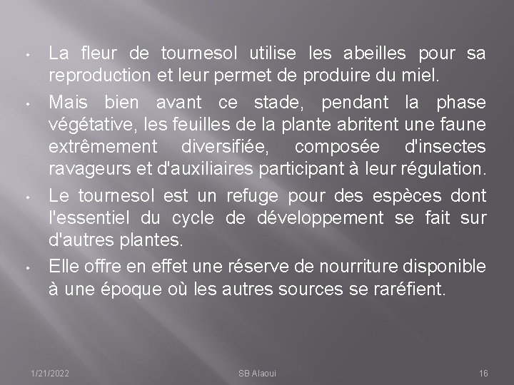  • • La fleur de tournesol utilise les abeilles pour sa reproduction et