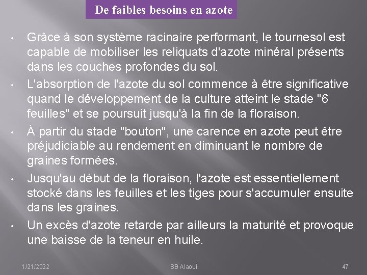 De faibles besoins en azote • • • Grâce à son système racinaire performant,